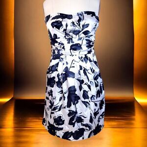 Silky strapless black white floral dress